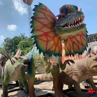 อุปกรณ์สวนสนุกที่สมจริง Animatronic Dinosaur Model Dilophosaurus Statue
